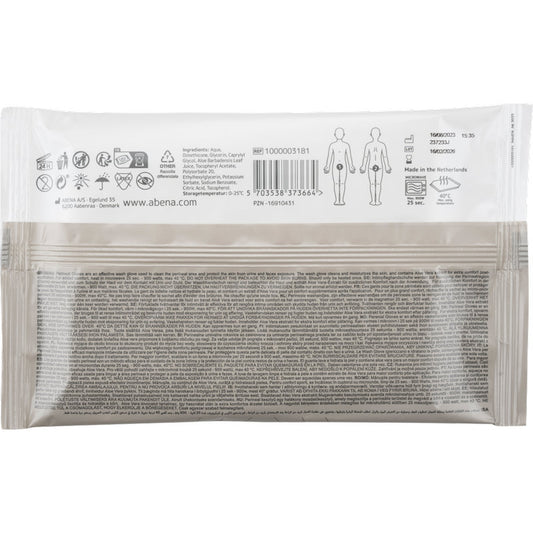 Die Abena Re-Seller GmbH Perineale Handschuhe Packung (4 Paare) kommt in einer versiegelten weiß-grauen rechteckigen Verpackung mit Barcode, Anleitung, Piktogrammen und Diagrammen einer menschlichen Figur für die perineale Pflege auf der Rückseite.