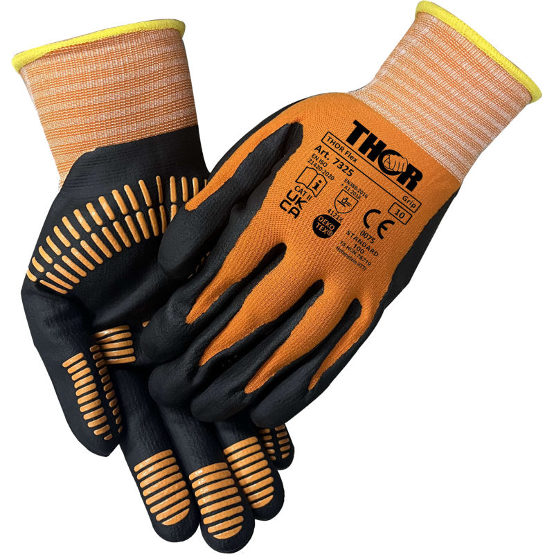 Die Thor Flex Multigrip Handschuhe der Abena Re-Seller GmbH sind mit ihren orangefarbenen und schwarzen Farben, den rutschfesten Gummigriffen an Handflächen und Fingern sowie den Sicherheitsmarkierungen auf dem Handrücken eine robuste Wahl für verschiedene Aufgaben.