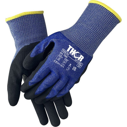 Para rękawic ochronnych Thor Flex Cut C w kolorze niebieskim i czarnym z żółtą lamówką, sygnowane przez Abena Re-Seller GmbH, z certyfikatami bezpieczeństwa - idealne do użycia z narzędziami tnącymi lub urządzeniami tnącymi.