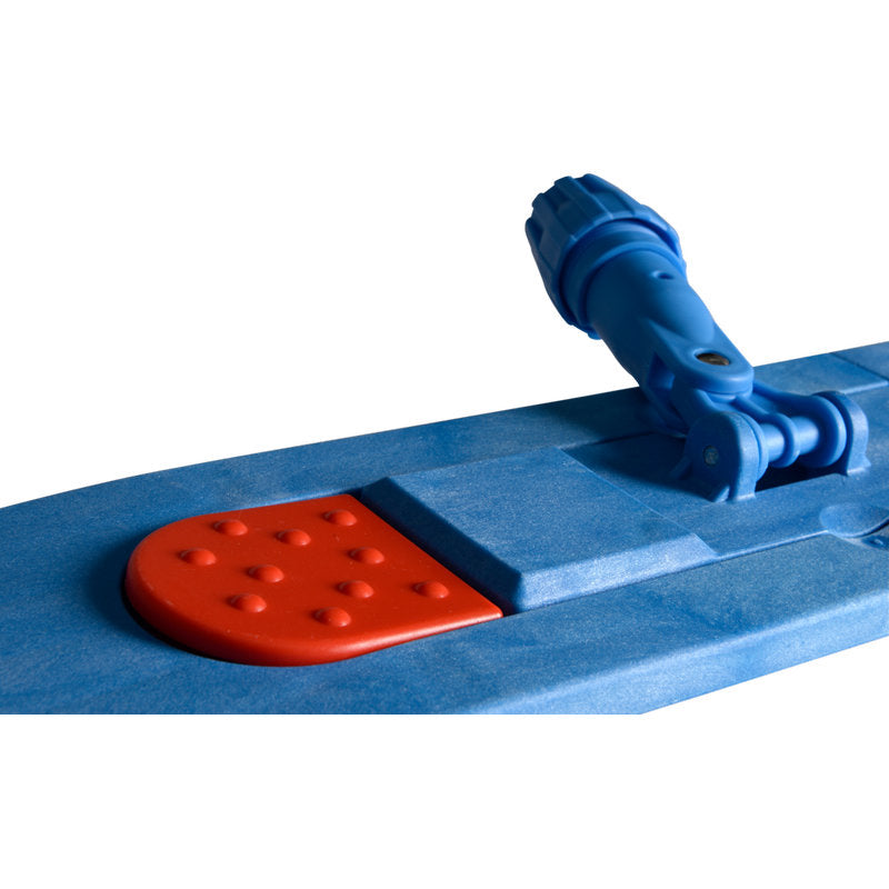 Nahaufnahme des Magnet-Klapphalters der Abena Re-Seller GmbH, die links eine blaue Kunststoffoberfläche mit einem erhabenen orangefarbenen strukturierten Polster und rechts einen blauen verstellbaren Armmechanismus zeigt.