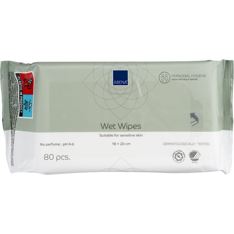 Opakowanie zawiera 80 wilgotnych chusteczek pielęgnacyjnych Abena Re-Seller GmbH (18x20 cm, białe) z zamknięciem na klej. Jasnoszaro-białe opakowanie zawiera informacje o produkcie, symbole, zamykaną klapkę i czerwono-niebieską etykietę - idealne do codziennej higieny.