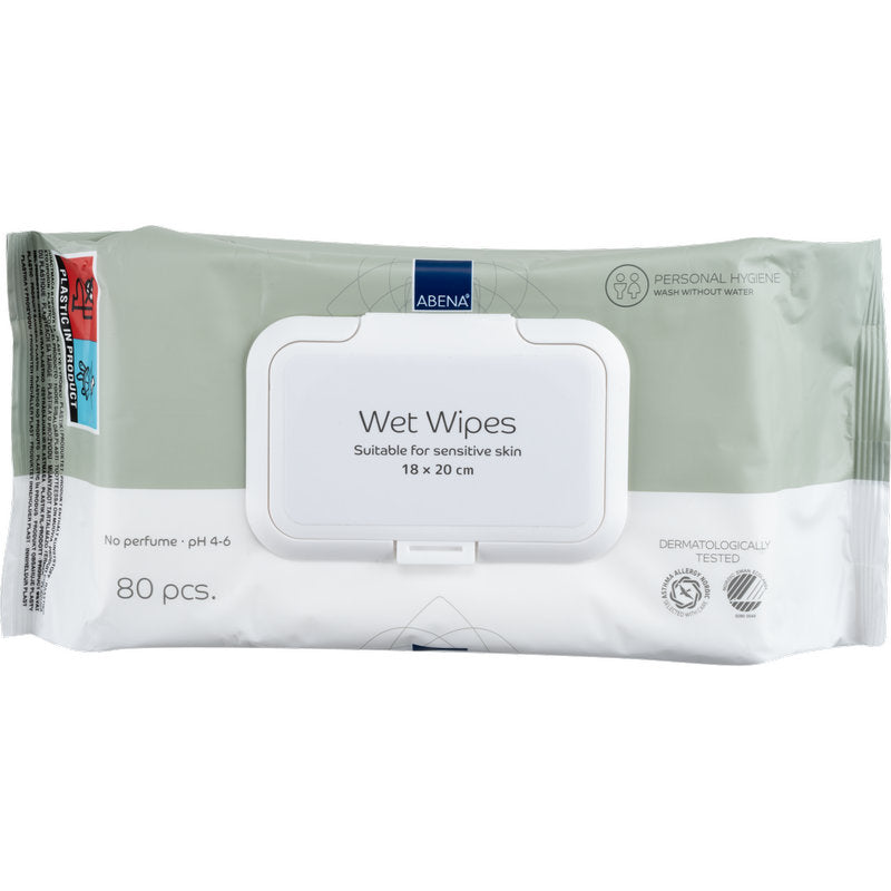 Opakowanie zawierające 80 chusteczek nawilżających Abena Re-Seller GmbH (18x20 cm, białe) z ponownie zamykanym wieczkiem; bez perfum, pH 4-6, testowane dermatologicznie - idealne do delikatnego oczyszczania w podróży.