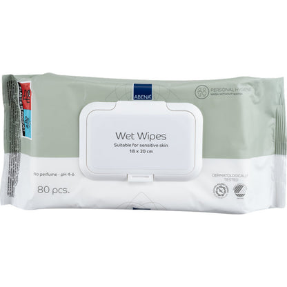 Opakowanie zawierające 80 chusteczek nawilżających Abena Re-Seller GmbH (18x20 cm, białe) z ponownie zamykanym wieczkiem; bez perfum, pH 4-6, testowane dermatologicznie - idealne do delikatnego oczyszczania w podróży.