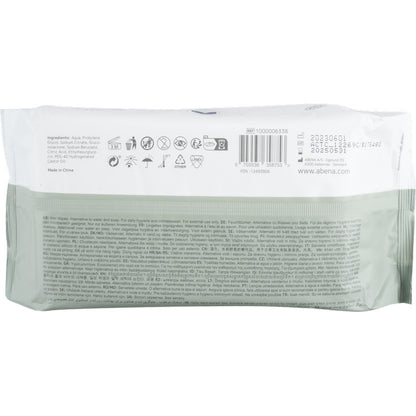 Tył opakowania chusteczek nawilżających Abena Re-Seller GmbH z wieczkiem (80 sztuk, 18x20 cm) pokazuje składniki, instrukcje użycia, informacje o producencie, kody kreskowe i symbole w kilku językach - idealne do oczyszczania w podróży.