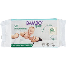 Opakowanie chusteczek nawilżanych Bambo Nature (50 sztuk) od Abena Re-Seller GmbH, wykonane w 100% z wiskozy, biodegradowalne, odpowiednie dla wrażliwej skóry, z 0% perfum i barwników.