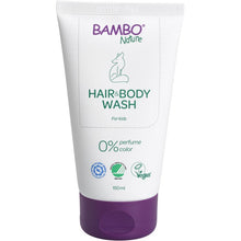 Biała i fioletowa tubka z napisem "Bambo Nature, szampon dla dzieci do skóry i włosów, 150 ml" firmy Abena Re-Seller GmbH przedstawia ilustrację lisa oraz ikony certyfikatów. Wegańska formuła bez perfum i barwników, idealna dla wrażliwej skóry dziecka. Opakowanie: 6 sztuk.