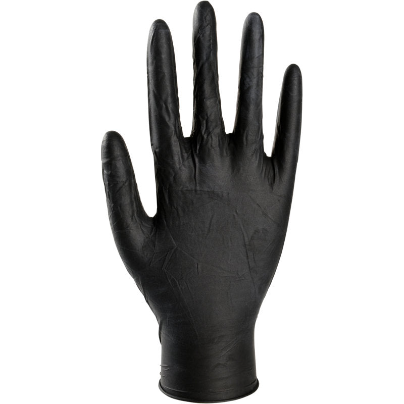 Ein einzelner Thor Black Latex Einweghandschuh, puderfrei von Abena Re-Seller GmbH, ist aufrecht mit gestreckten Fingern und Handfläche nach vorn vor weißem Hintergrund zu sehen. Perfekte Alternative zu herkömmlichen Handschuhen.