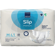 Opakowanie ABENA Slip Flexi Fit M-L Premium od Abena Re-Seller GmbH, 27 sztuk, oferuje elastyczne dopasowanie i ochronę skóry. Opakowanie pokazuje po prawej stronie zdjęcie produktu.