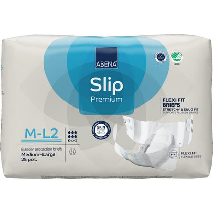 ABENA Slip Flexi Fit M-L Premium od Abena Re-Seller GmbH, opakowanie z 25 slipami dla dorosłych. Oferuje elastyczne dopasowanie i jakość premium, z symbolami chłonności i brandingiem na białym i niebieskim tle.