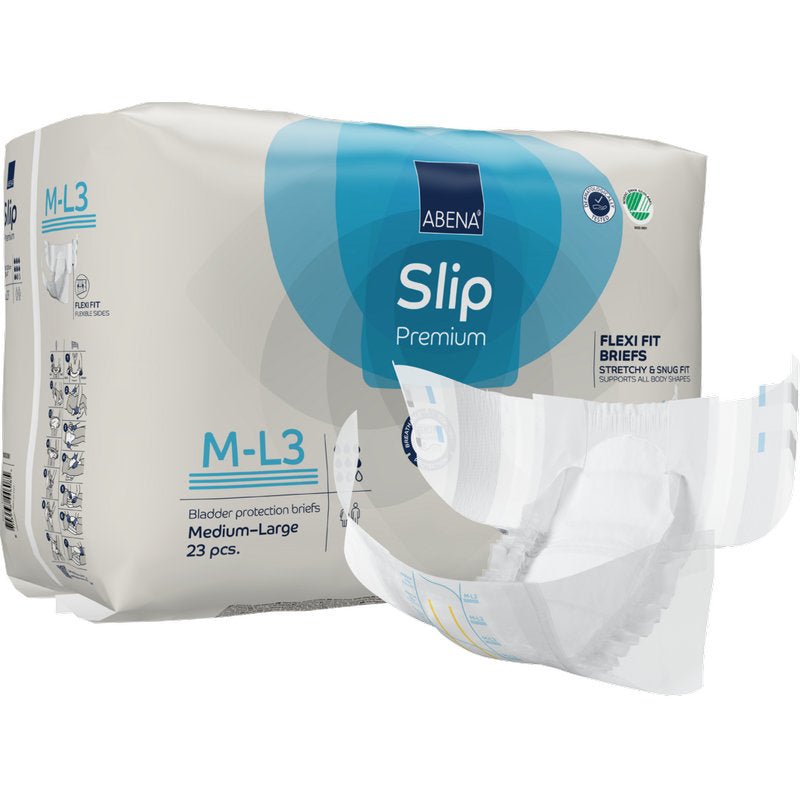 Opakowanie ABENA Slip Flexi Fit M-L Premium od Abena Re-Seller GmbH, które zawiera 23 średniej wielkości slipy dla dorosłych, jest przedstawione z częściowo wyjętym slipem.