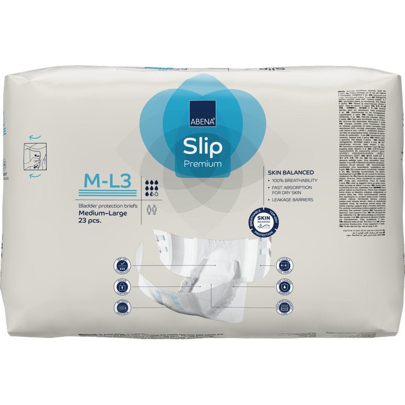 Opakowanie ABENA Slip Flexi Fit M-L Premium od Abena Re-Seller GmbH, średniej wielkości, 23 sztuki. Beżowe opakowanie z niebiesko-szarymi akcentami podkreśla jakość premium i elastyczne dopasowanie dla najwyższego komfortu.