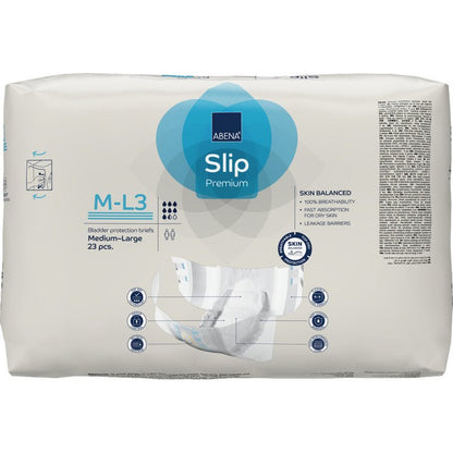Opakowanie ABENA Slip Flexi Fit M-L Premium od Abena Re-Seller GmbH, średniej wielkości, 23 sztuki. Beżowe opakowanie z niebiesko-szarymi akcentami podkreśla jakość premium i elastyczne dopasowanie dla najwyższego komfortu.