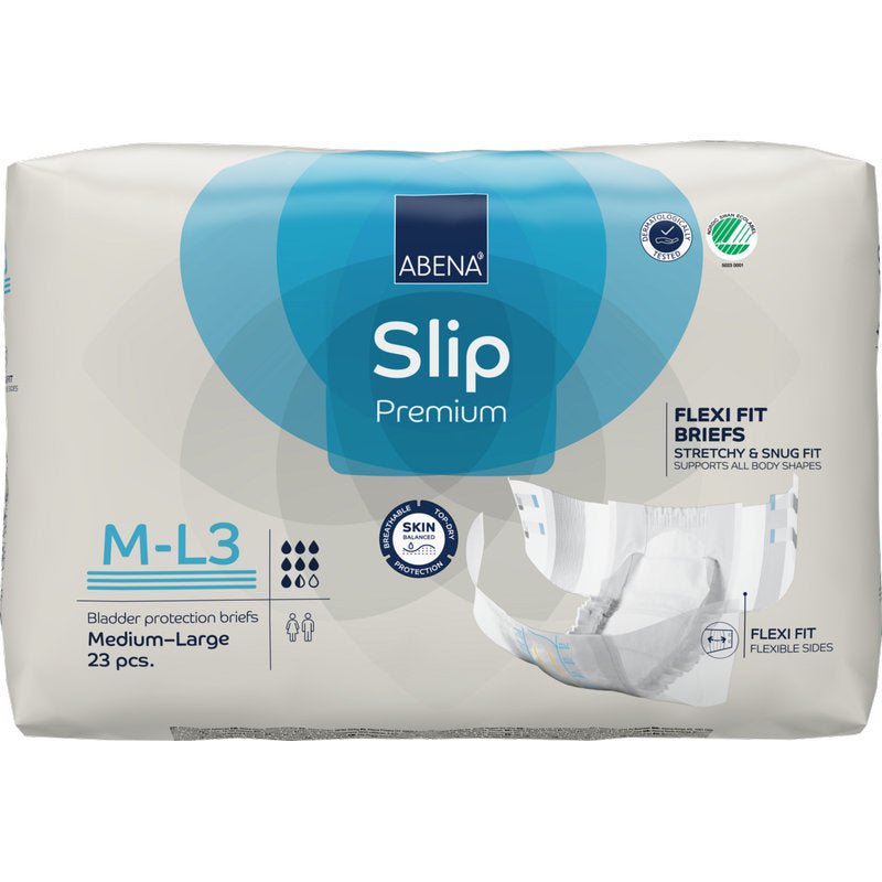 Opakowanie ABENA Slip Flexi Fit M-L Premium od Abena Re-Seller GmbH, 23 sztuki. Opakowanie podkreśla jakość premium, elastyczne dopasowanie, ochronę skóry i wysoką chłonność za pomocą obrazków i ikon.