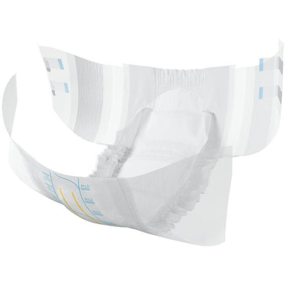 ABENA Slip Flexi Fit M-L Premium od Abena Re-Seller GmbH to jednorazowy slip na nietrzymanie moczu dla dorosłych z elastycznym dopasowaniem, elastycznymi mankietami nogawek, wieloma paskami klejącymi, chłonnym rdzeniem i zewnętrzną stroną z nadrukowanymi oznaczeniami i wskaźnikami wilgoci.