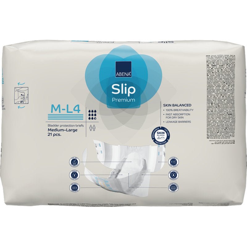 Opakowanie ABENA Slip Flexi Fit M-L Premium od Abena Re-Seller GmbH (21 sztuk) dla dorosłych, rozmiar medium-large, oferuje jakość premium i elastyczne dopasowanie. Opakowanie ma przeważnie biały design z niebieskimi i szarymi akcentami.