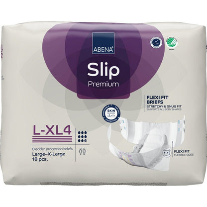 Opakowanie ABENA Slip Flexi Fit M-L Premium od Abena Re-Seller GmbH zawiera 18 sztuk. Opakowanie oferuje korzyści takie jak elastyczne dopasowanie i ochrona skóry, z ilustracją na przedniej stronie.