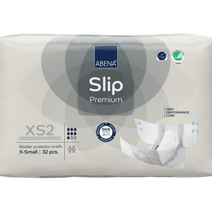 Opakowanie 32 sztuk ABENA Slip Premium od Abena Re-Seller GmbH w rozmiarze XS2 X-Small w beżowym opakowaniu z certyfikatami "High Performance Core" i "Skin Friendly" dla niezawodnej ochrony przed nietrzymaniem moczu.