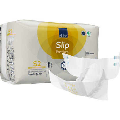 Opakowanie ABENA Slip Premium firmy Abena Re-Seller GmbH, rozmiar mały (28 sztuk), z widocznym brandingiem i nieposkładanym slipem obok opakowania.