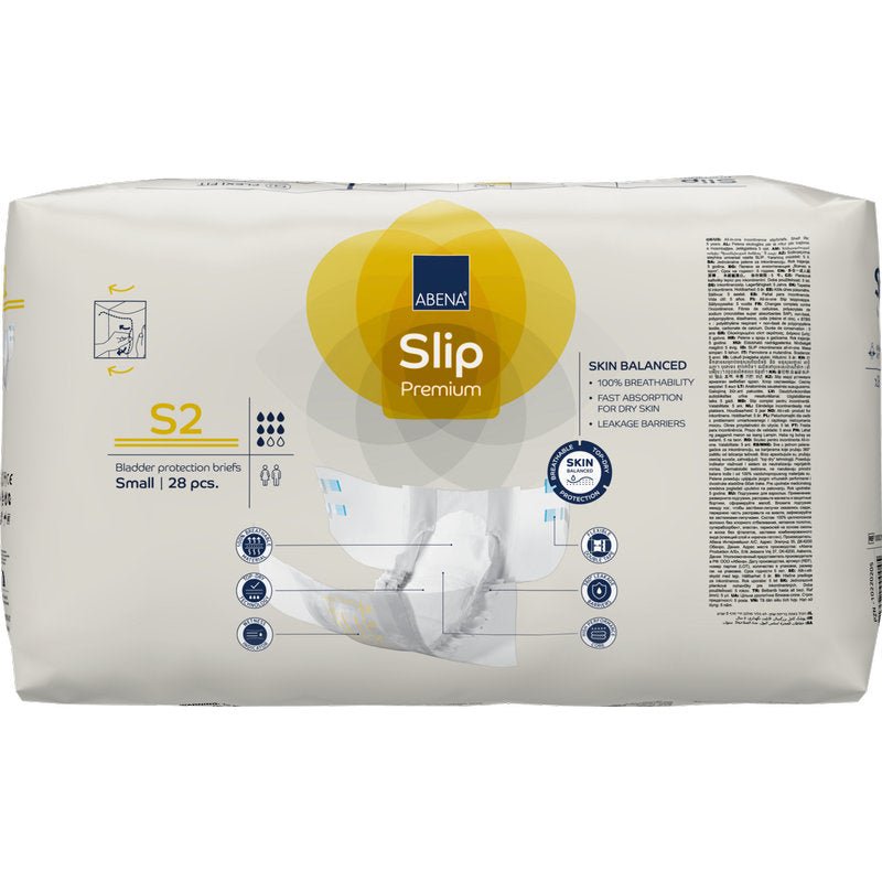 Opakowanie 28 sztuk ABENA Slip Premium od Abena Re-Seller GmbH, rozmiar mały, w przeważnie białym opakowaniu z żółtymi i niebieskimi akcentami. Idealne do niezawodnej ochrony przed nietrzymaniem moczu; informacje o produkcie znajdują się na przedniej stronie.