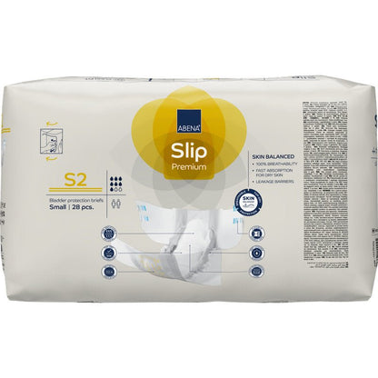 Opakowanie 28 sztuk ABENA Slip Premium od Abena Re-Seller GmbH, rozmiar mały, w przeważnie białym opakowaniu z żółtymi i niebieskimi akcentami. Idealne do niezawodnej ochrony przed nietrzymaniem moczu; informacje o produkcie znajdują się na przedniej stronie.