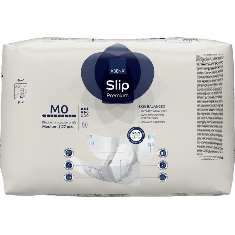 Opakowanie ABENA Slip Premium od Abena Re-Seller GmbH, rozmiar średni, zawiera 27 sztuk. Przeważnie białe opakowanie z niebieskimi i szarymi akcentami oferuje niezawodną ochronę przed nietrzymaniem moczu i zawiera szczegółowe informacje o produkcie.