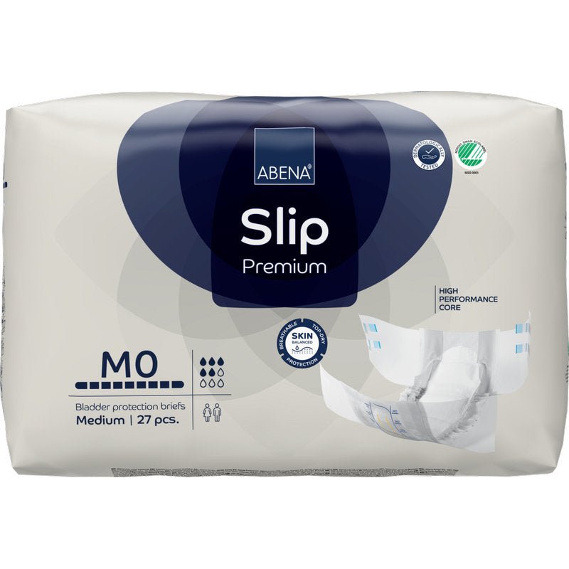 Opakowanie ABENA Slip Premium (od Abena Re-Seller GmbH), rozmiar średni, 27 sztuk, w białym opakowaniu z niebiesko/szarymi akcentami i obrazem otwartego slipu po prawej stronie.