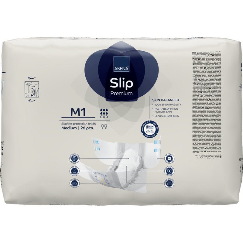 Opakowanie 26 sztuk ABENA Slip Premium od Abena Re-Seller GmbH, rozmiar średni, do skutecznej ochrony przed nietrzymaniem moczu. Białe opakowanie z niebiesko/szarymi akcentami, informacjami o produkcie i obrazem slipu.