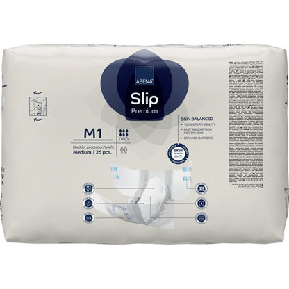 Opakowanie 26 sztuk ABENA Slip Premium od Abena Re-Seller GmbH, rozmiar średni, do skutecznej ochrony przed nietrzymaniem moczu. Białe opakowanie z niebiesko/szarymi akcentami, informacjami o produkcie i obrazem slipu.