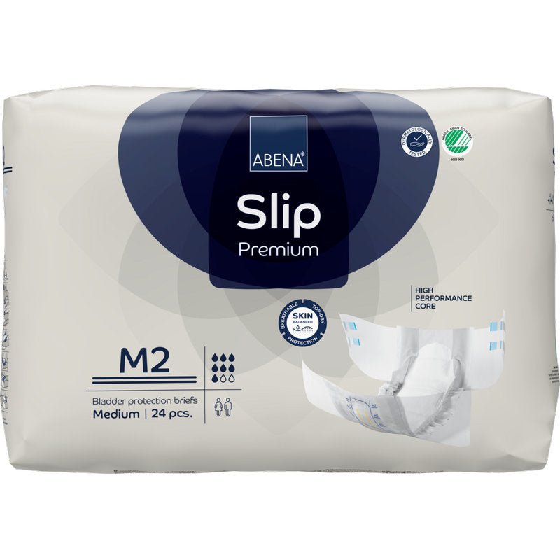 Opakowanie 24 sztuk ABENA Slip Premium od Abena Re-Seller GmbH, rozmiar M2 medium, oferuje przyjazną dla skóry, wydajną ochronę przed nietrzymaniem moczu dla komfortu i bezpieczeństwa.