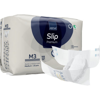 Przedstawione jest opakowanie ABENA Slip Premium od Abena Re-Seller GmbH z średnim slipem na zewnątrz opakowania. Opakowanie zawiera 23 slipy do niezawodnej ochrony przed nietrzymaniem moczu.