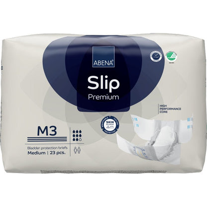 Opakowanie ABENA Slip Premium od Abena Re-Seller GmbH, rozmiar średni, 23 slipy. Z wydajnym rdzeniem i przyjaznym dla skóry designem. Opakowanie pokazuje nieposkładany slip - idealne do niezawodnej ochrony przed nietrzymaniem moczu.