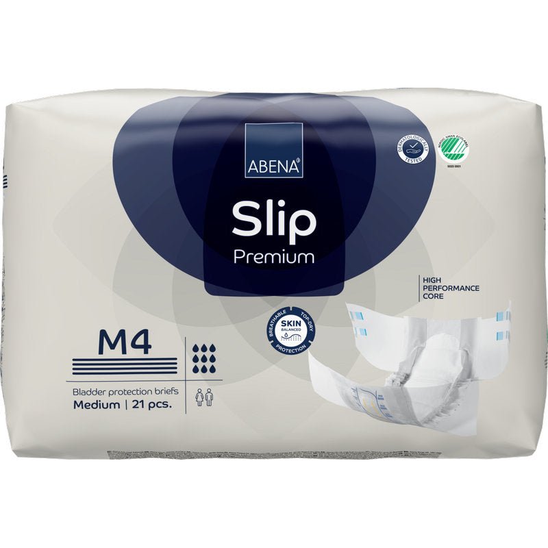Opakowanie 21 sztuk ABENA Slip Premium od Abena Re-Seller GmbH, rozmiar M4, do skutecznej ochrony przed nietrzymaniem moczu. Opakowanie charakteryzuje się wysokowydajnym rdzeniem, przyjaznością dla skóry i obrazem otwartego slipu.