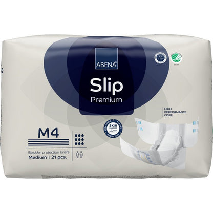 Opakowanie 21 sztuk ABENA Slip Premium od Abena Re-Seller GmbH, rozmiar M4, do skutecznej ochrony przed nietrzymaniem moczu. Opakowanie charakteryzuje się wysokowydajnym rdzeniem, przyjaznością dla skóry i obrazem otwartego slipu.