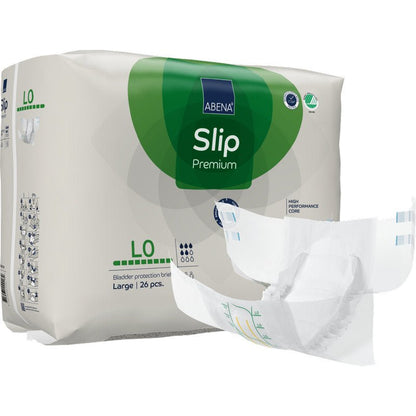 Opakowanie pieluch dla dorosłych ABENA Slip Premium od Abena Re-Seller GmbH, rozmiar duży, 26 sztuk na opakowanie. Niezłożona pielucha jest przedstawiona przed zielono-niebieskim opakowaniem z widocznymi szczegółami produktu.