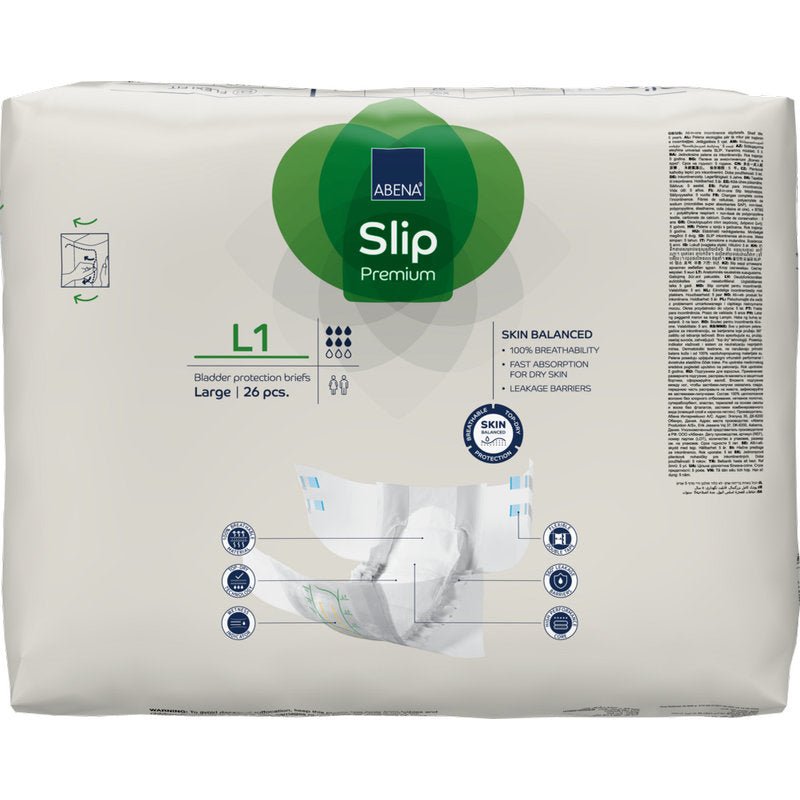 26-częściowe opakowanie ABENA Slip Premium od Abena Re-Seller GmbH, rozmiar duży, dla skutecznej opieki inkontynencyjnej. Przeważnie białe opakowanie ma zielone i niebieskie akcenty z danymi produktu i krótkimi ilustracjami.