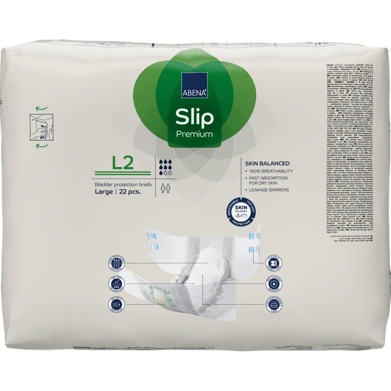 22-częściowe opakowanie ABENA Slip Premium od Abena Re-Seller GmbH w białym opakowaniu z zielonymi i niebieskimi akcentami zawiera informację o produkcie i ilustrację dla łatwej instrukcji opieki inkontynencyjnej.