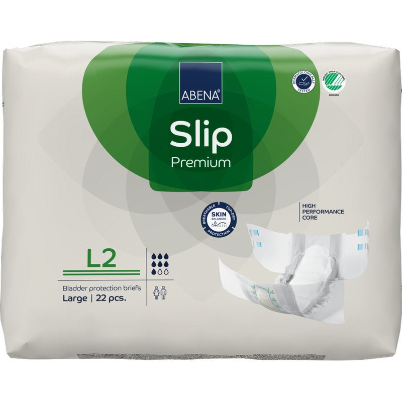 22-częściowe opakowanie ABENA Slip Premium od Abena Re-Seller GmbH, rozmiar duży, w przeważnie białym opakowaniu z zielonymi akcentami; posiada "rdzeń wysokiej wydajności" dla skutecznej ochrony pęcherza.