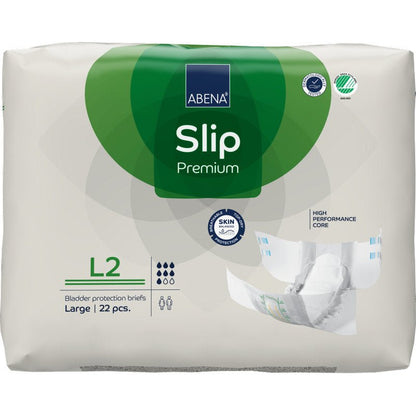 22-częściowe opakowanie ABENA Slip Premium od Abena Re-Seller GmbH, rozmiar duży, w przeważnie białym opakowaniu z zielonymi akcentami; posiada "rdzeń wysokiej wydajności" dla skutecznej ochrony pęcherza.
