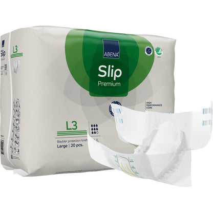 Przedstawiono opakowanie ABENA Slip Premium dla dorosłych od Abena Re-Seller GmbH, rozmiar duży, 20 sztuk, z białym opakowaniem z zielonymi i niebieskimi detalami oraz rozwiniętym majtkiem obok.