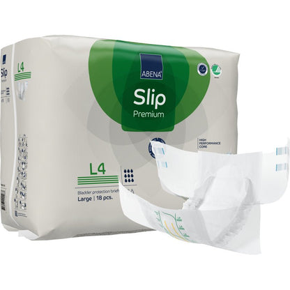 Opakowanie ABENA Slip Premium od Abena Re-Seller GmbH, duży format (18 sztuk), pokazane obok niezłożonego majtka, aby podkreślić design i cechy.