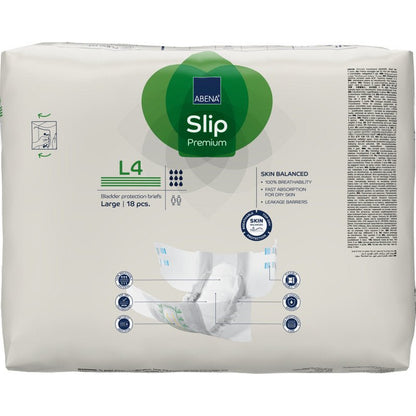 Opakowanie ABENA Slip Premium od Abena Re-Seller GmbH, rozmiar duży, 18 sztuk. Opakowanie pokazuje cechy produktów i ilustrację majtek trzymanych w ręce, aby ułatwić opiekę inkontynencyjną.