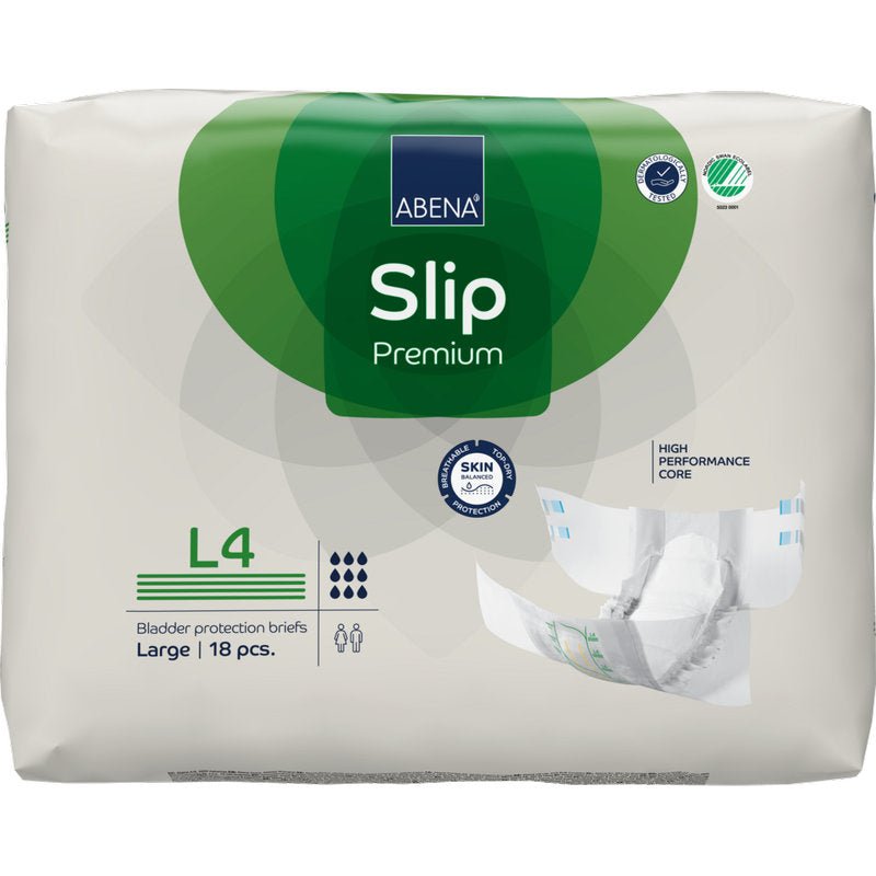 Opakowanie ABENA Slip Premium od Abena Re-Seller GmbH, rozmiar duży (L4), zawiera 18 majtek. Biało-zielone opakowanie pokazuje otwarte majtki i ikony wskazujące wysoką chłonność i ochronę skóry.