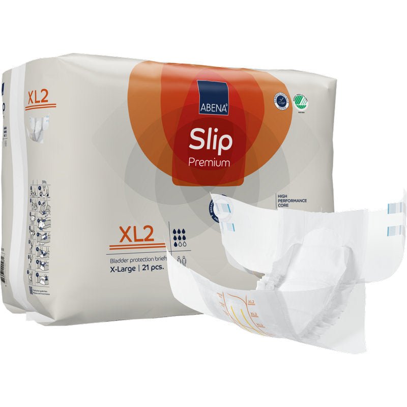 ABENA Slip Premium od Abena Re-Seller GmbH, rozmiar XL2, oferuje niezawodną ochronę przed inkontynencją z mocnym rdzeniem. Opakowanie zawiera 21 sztuk, a niezłożona pielucha jest przedstawiona na przedniej stronie.
