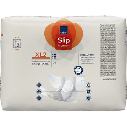 Opakowanie ABENA Slip Premium firmy Abena Re-Seller GmbH, rozmiar XL2, zawiera 21 sztuk w beżowym opakowaniu z niebieskimi i pomarańczowymi akcentami, szczegóły produktu, rękę trzymającą pieluchę i ikony opieki inkontynencyjnej.