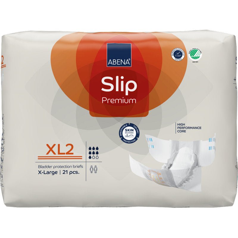 21-częściowe opakowanie ABENA Slip Premium od Abena Re-Seller GmbH w rozmiarze X-Large ma białe opakowanie z pomarańczowymi i czerwonymi akcentami, które podkreślają najważniejsze zalety dla skutecznej opieki inkontynencyjnej.
