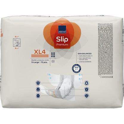Opakowanie ABENA Slip Premium firmy Abena Re-Seller GmbH, rozmiar XL4 X-Large, 12 sztuk na opakowanie, z przednią częścią i rękami trzymającymi slip - idealne dla niezawodnej opieki inkontynencyjnej.
