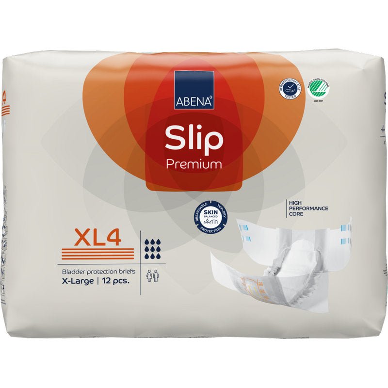 Opakowanie ABENA Slip Premium firmy Abena Re-Seller GmbH, rozmiar X-Large (XL4), zawiera 12 slipów na inkontynencję. Białe opakowanie ma pomarańczowe i niebieskie akcenty i pokazuje ilustracje slipów oraz cechy produktu.