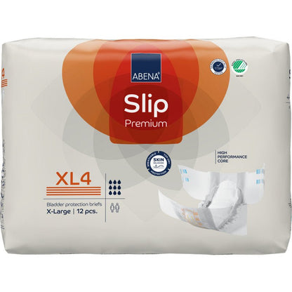 Opakowanie ABENA Slip Premium firmy Abena Re-Seller GmbH, rozmiar X-Large (XL4), zawiera 12 slipów na inkontynencję. Białe opakowanie ma pomarańczowe i niebieskie akcenty i pokazuje ilustracje slipów oraz cechy produktu.