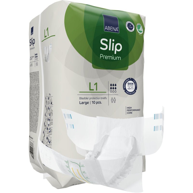Opakowanie majtek dla dorosłych ABENA Slip Premium od Abena Re-Seller GmbH, rozmiar duży, z majtkami z przodu. Opakowanie podkreśla mocny rdzeń i materiał przyjazny dla skóry dla optymalnej opieki inkontynencyjnej.