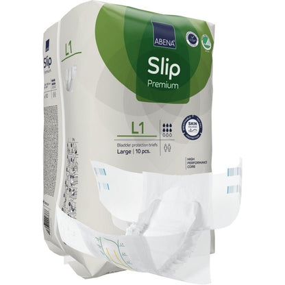 Opakowanie majtek dla dorosłych ABENA Slip Premium od Abena Re-Seller GmbH, rozmiar duży, z majtkami z przodu. Opakowanie podkreśla mocny rdzeń i materiał przyjazny dla skóry dla optymalnej opieki inkontynencyjnej.
